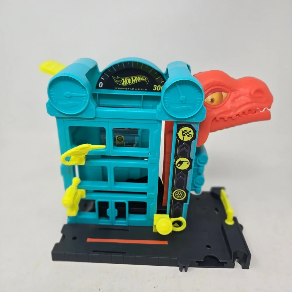 Hot Wheels City T-Rex Grocery Attack Play Set Teal Red Dinosaur Garage Mattel